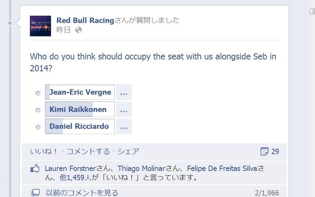 ファン投票実施中のレッドブルレーシングの公式Facebook