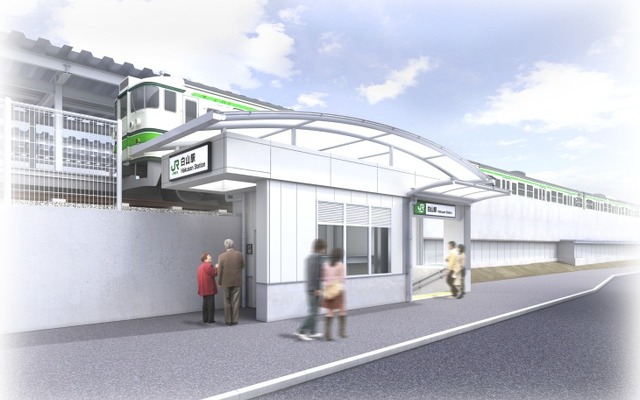 新たに設けられる白山駅南口の完成イメージ。新駅舎は半地下構造になり、ホームの下に改札が設けられる。