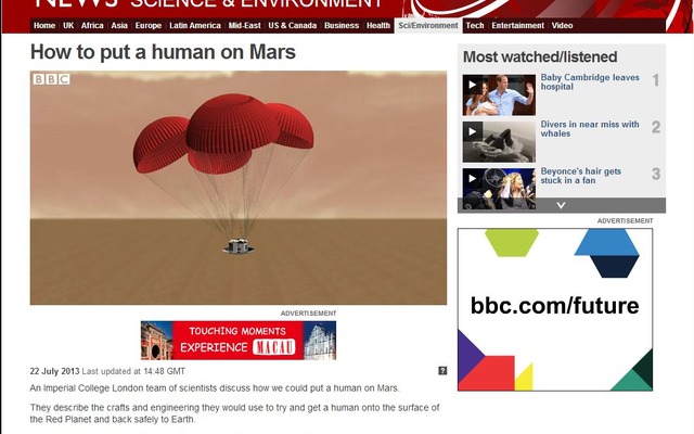 ロンドン大学の研究者による、火星有人探査ミッションコンセプトイメージ動画。http://www.bbc.co.uk/news/science-environment-23296136 で視聴可能