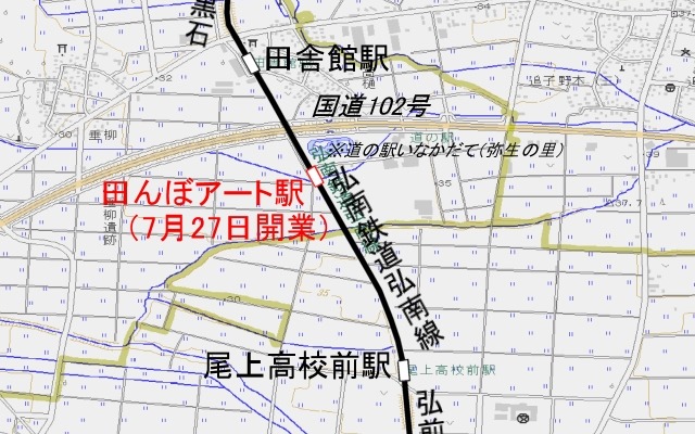 7月27日に開業する田んぼアート駅の位置。道の駅いなかだての西側に設けられる。