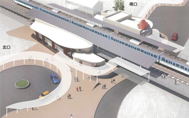 塩崎駅の新駅舎のイメージ。駅の南北両側に建設される。