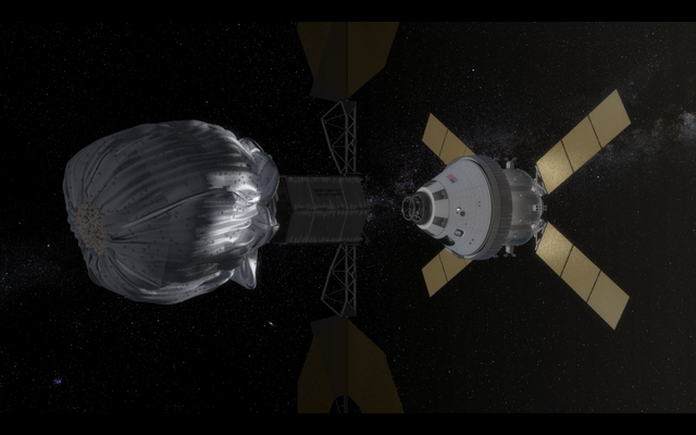 小惑星を捕獲した無人宇宙船と、有人のオリオン宇宙船