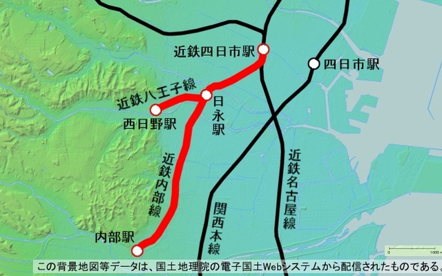 近鉄内部・八王子線の路線図。近鉄四日市～内部間の内部線と日永～西日野間の八王子線で構成される。