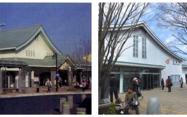 1934年の開業時に設置された南口の旧駅舎（左）と、今回工事が完了した新駅舎（右）。富士山の屋根をイメージしたとされる緩やかなカーブの屋根は新駅舎でも採用された。
