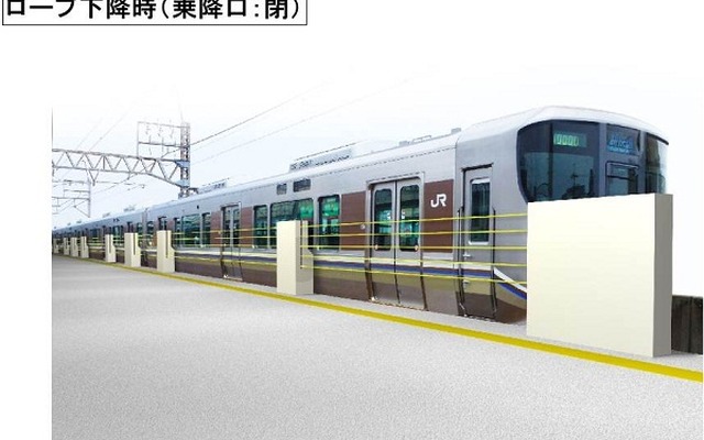 JR西日本が開発中のロープ式ホーム柵（下降時）のイメージ。12月から桜島駅で試行運用する予定。