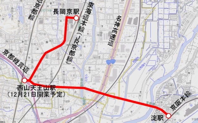 12月21日から運行を開始する京阪淀駅～JR長岡京駅間のバス路線のルート。阪急の新駅・西山天王山駅を経由する。