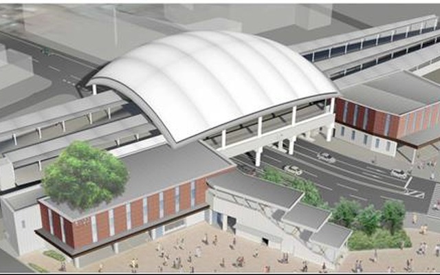 甲子園駅の完成イメージ。ホーム中央部が膜素材を使った大屋根で覆われる。2016年度末完成の予定。