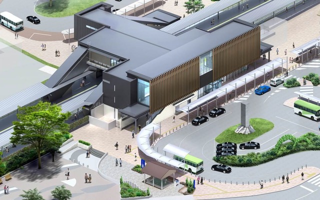 石和温泉駅の新しい駅舎のイメージ。橋上駅舎と自由通路を整備して南北両側から駅にアクセスできるようにする。