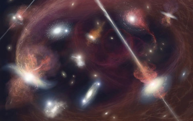 100-120億年前の宇宙の想像図。星が大量に生まれ、超新星爆発を起こして死んで、周囲にある多くの重元素を作り出した。同時期には、巨大ブラックホールもまた急成長しており、そこから強いジェットや風が吹いたと考えられる。超新星爆発とブラックホールのエネルギーは強力な風を生み、この風に乗って大量の重元素が宇宙中にばらまかれたと考えられる。（画像提供：池下章裕）