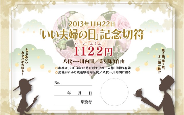 「『いい夫婦の日』記念切符」のデザイン。通常の1日フリー乗車券の半額以下で肥薩おれんじ鉄道線を1日利用できる。
