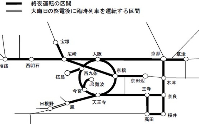 JR西日本が京阪神エリアで大晦日に終夜運転を行う区間