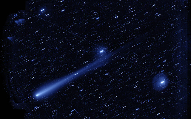HSC で撮影されたアイソン彗星 (C/2012 S1)。ハワイ現地時間2013年11月5日の明け方 (日本時間11月5日23時～24時頃) 撮影、観測波長は 760 ナノメートル (i バンド)。画像の上が北、左が東で、視野の直径が 1.5 度角。