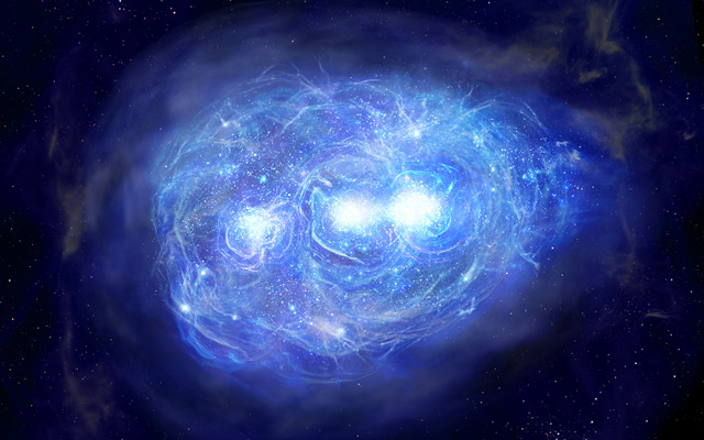 原始的なガスが渦巻く中で、3つの星の集団が作られている
