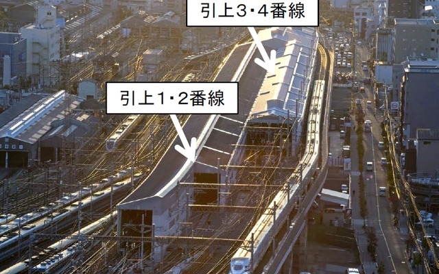 新大阪駅の新幹線新神戸方に設置されている引上線。従来は2線だけだったが、これを4線にする大規模改良工事がまもなく完成する。
