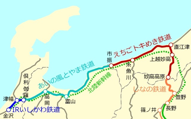 長野～金沢間の並行在来線。各県ごとに設立された第三セクターが経営を引き継ぐ。