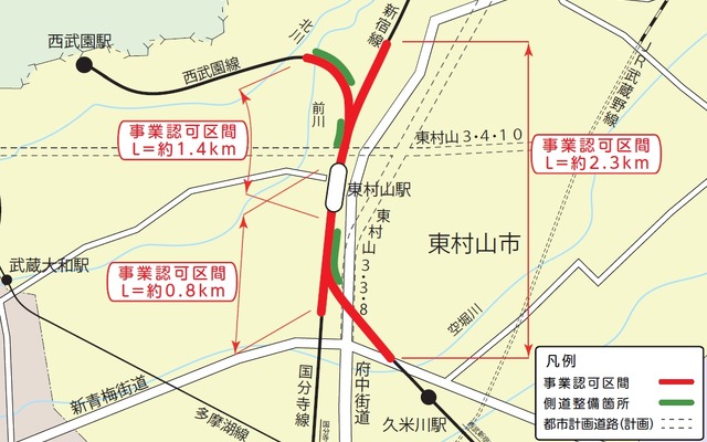 連立事業が実施される東村山駅付近の周辺図。同駅を通る新宿線など3線の線路が高架化される。