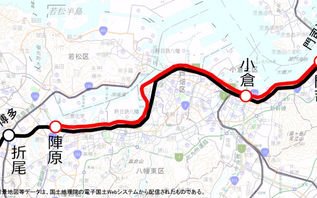 2014年1月の貨物線ツアーでは、鹿児島本線の陣原～門司間で貨物線（赤）を走る。