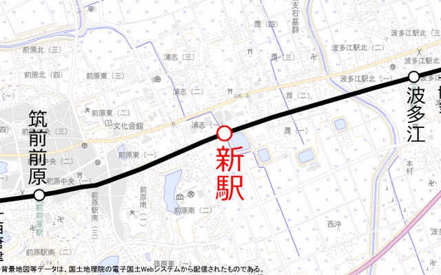 新駅の設置位置。波多江・筑前前原両駅の中間に設ける。