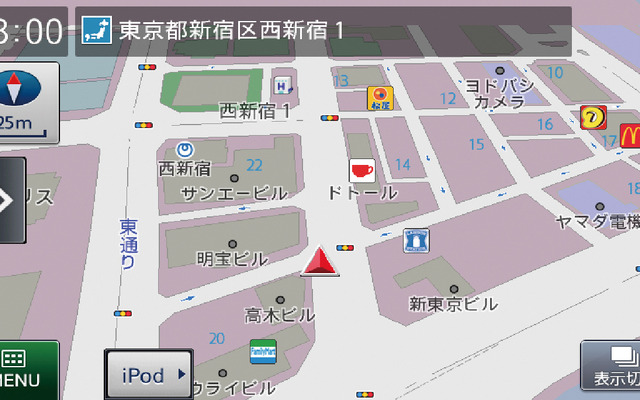 車速パルスとジャイロセンサーが加わったことで、ビル街の谷間でも安定測位が期待できる