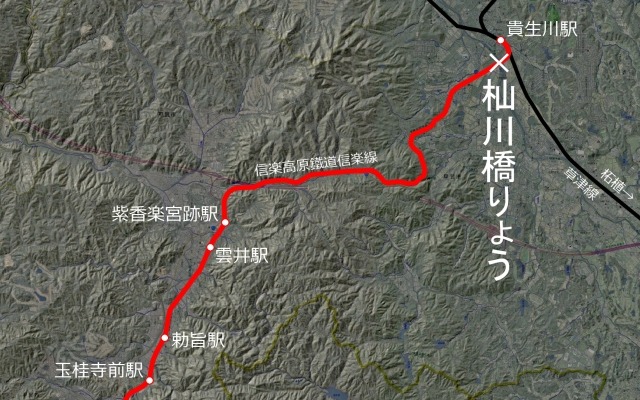 信楽高原鐵道信楽線の路線図。起点の貴生川駅のすぐ近くにある杣川橋りょうの橋桁が流失し、全線で運転を見合わせている。12月の再開を目指す。