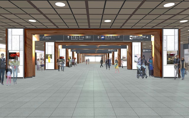 金沢駅リニューアルのイメージ（西口側から東側を望む）。鼓門をイメージした「デザイン的にインパクトのある設備」を連続的に設置する。