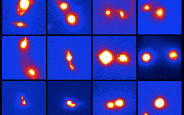 すばる望遠鏡で撮影した合体中の大光度赤外線銀河の赤外線画像（観測波長2.2マイクロメートル、 Kバンド） の例（出典：国立天文台）