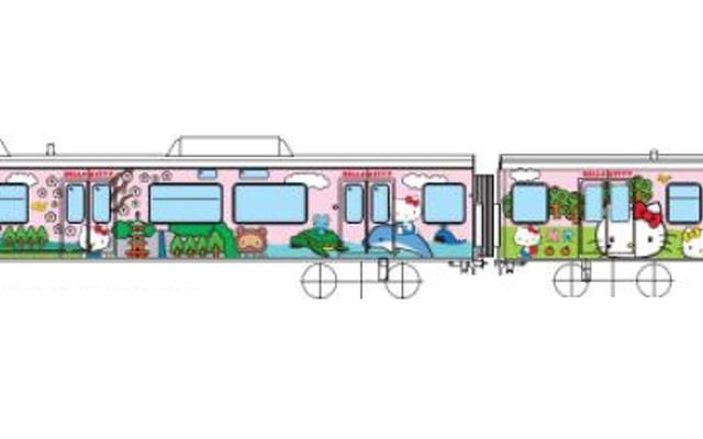 きのくに線の新宮～串本間で運転される予定の観光列車のデザイン案。近畿車輛が開発した自己充電型バッテリー車両で、車体には「沿線の観光地をハローキティが楽しく紹介」（JR西日本）するラッピングが施される。