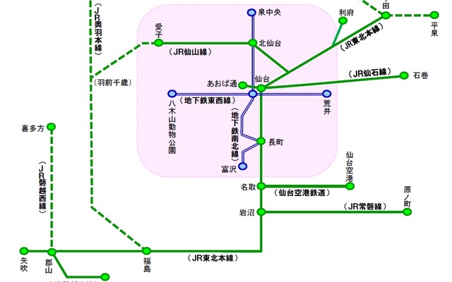 Suica仙台エリアとイクスカのエリア（点線は一部の駅で一部サービスのみ利用可能）。2016年春から相互利用サービスを開始する。
