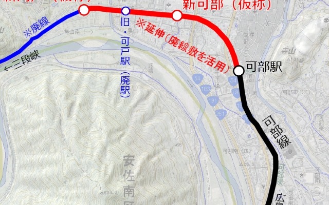 可部線延伸区間の路線図。可部～三段峡間の廃線区間を一部復活させる形になる。