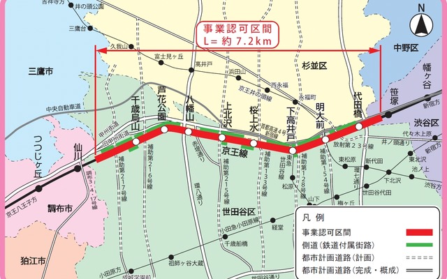 京王線の平面図。笹塚駅付近から仙川駅付近までの約7.2kmを高架化し、25カ所の踏切を解消する。
