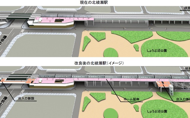 現在の北綾瀬駅（上）と改良後の北綾瀬駅（下）のイメージ。ホームを延伸して10両編成に対応するほか出入口を二つ増やして3カ所にする。
