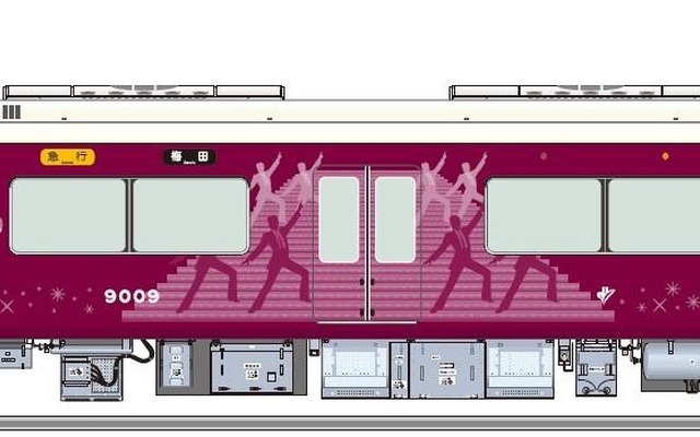 宝塚歌劇100周年を記念して運転されるラッピング車「宝塚歌劇トレイン」のイメージ。宝塚線9000系と今津線7000系の各1編成を装飾する。