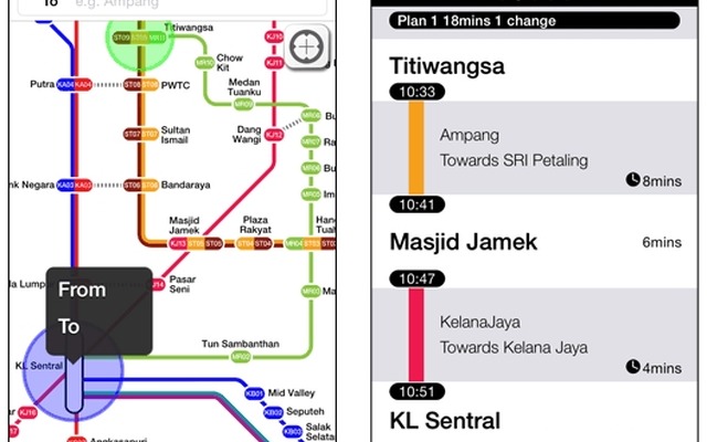 「NAVITIME Transit - Kuara Lumpur Malaysia」の画面イメージ。路線図の画面（左）で出発駅と目的駅をタップすると、乗り換える路線や所要時間が分かる（右）。