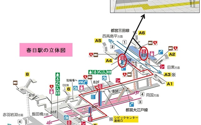 3月15日から使用を開始する三田線春日駅のエレベーターのイメージと位置。これにより都営地下鉄全106駅の「ワンルート」確保が完了する。