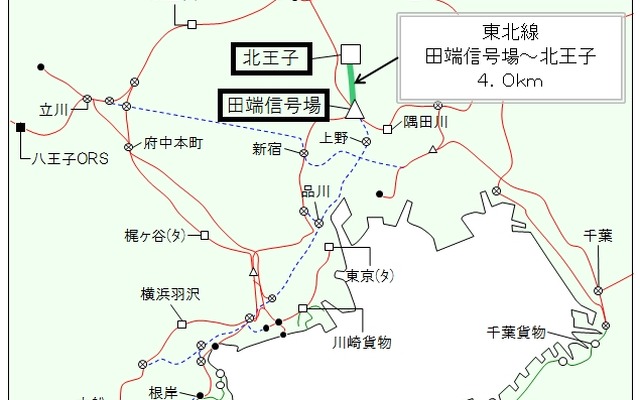 「北王子支線」の位置。3月14日限りで貨物列車の運行を終了し、7月1日付で廃止される見込みだ。