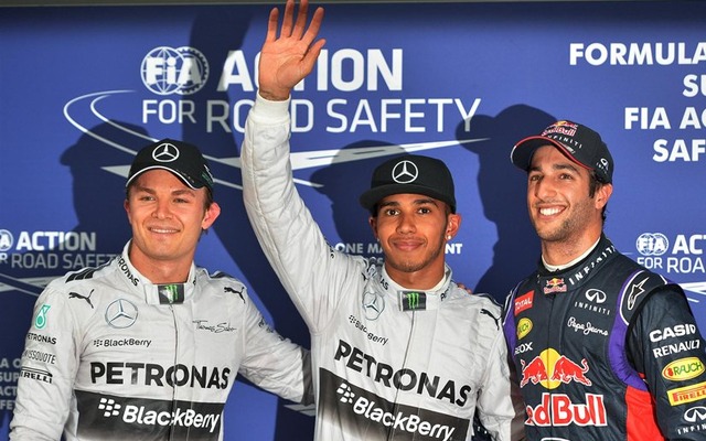 予選トップ3（左からニコ・ロズベルグ、ルイス・ハミルトン、ダニエル・リチャルド）