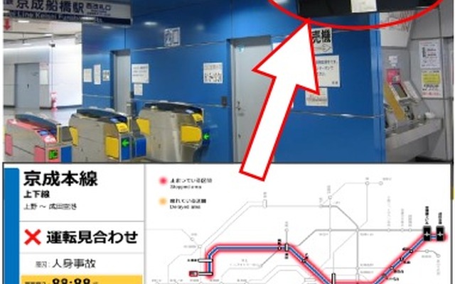 京成・新京成・北総の3社は3月25日から「運行情報ディスプレイ」の使用を開始する。写真はディスプレイの設置イメージ（上）と表示の内容（下）