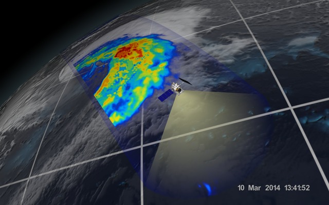 GPM主衛星搭載のマイクロ波放射計が3月10日、日本に雨や雪をもたらした温帯低気圧を観測した範囲。赤い部分は降雨の強い部分を表す。