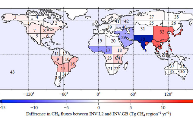 地上観測データに「いぶき」観測データを加えたことによる、全球の43地域における各メタン収支推定値の変化（出典：JAXA）