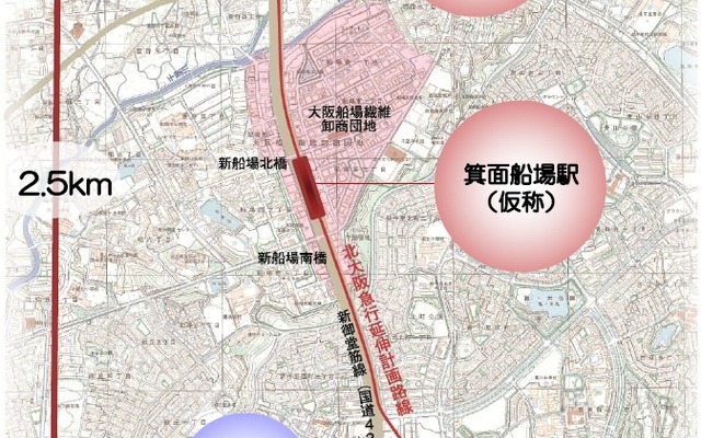 北大阪急行線延伸部の路線図。2020年度の開業を目指す。