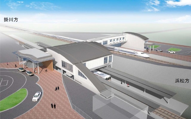 東海道本線袋井～磐田間に設置される新駅のイメージ。2面2線のホームと橋上駅舎、自由通路を整備する。