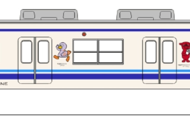 東武アーバンパークラインで4月26日から運転を開始する「コバトン＆チーバくん ラッピングトレイン」。8000系の車体を「コバトン」「チーバくん」のイラストで装飾する。