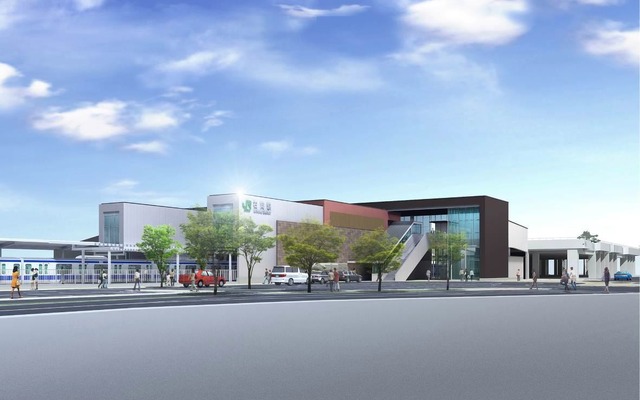 新駅舎の完成イメージ（西口広場）。常磐線ホームの上方に東西自由通路と一体化した橋上駅舎が設けられる。