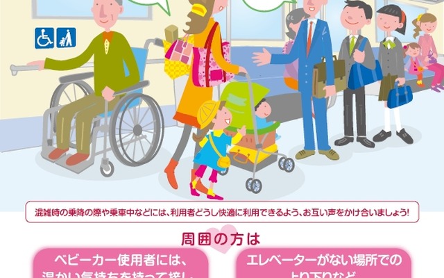 「ベビーカー利用への理解・配慮のお願い」（鉄道版）のデザイン。ベビーカー使用者だけでなく「周囲の方」にも理解と配慮を求めている。