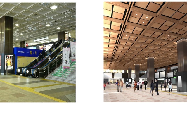 仙台駅の吹抜けコンコースの現状（左）と改修工事完成後イメージ（右）。工事期間は2015年3月までの予定。