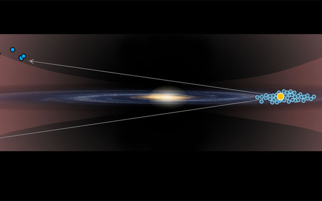 今回発見した5つのセファイド変光星（左側）とこれまでに知られていた同種の天体の位置を比較した概念図 （出典：R. M. Catchpole （IoA Cambridge） and NASA／JPL-Caltech.）