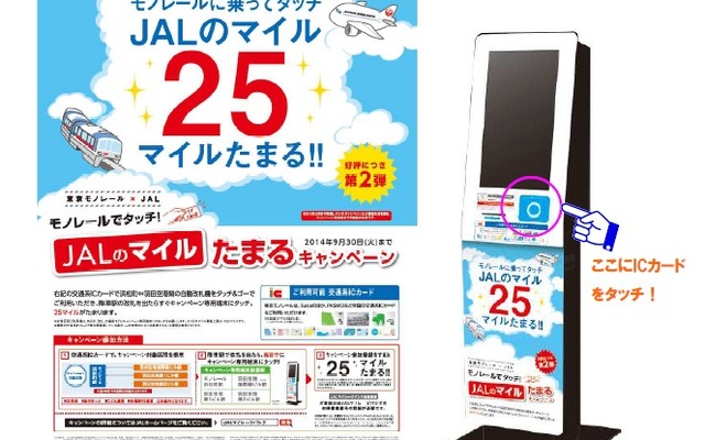 JALと東京モノレールのマイルキャンペーンの案内。交通系ICカードで専用端末にタッチすると、1回の乗車につき25マイルが付与される。