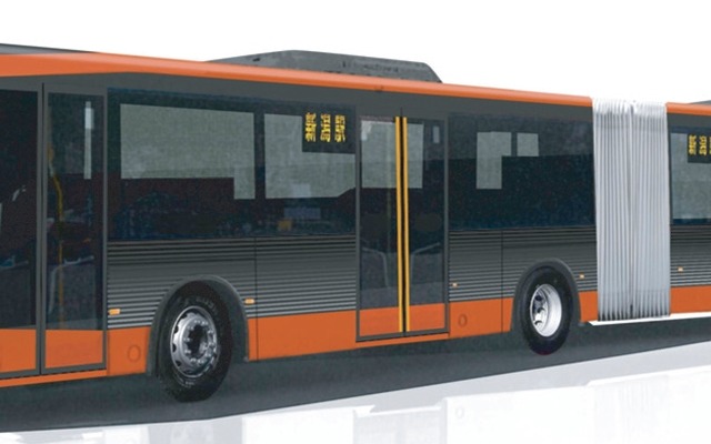 新潟のBRT車両として導入される連節バスの外観デザイン。朱色をシンボルカラーとして採用する。