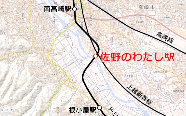 上信電鉄の佐野のわたし駅の位置。南高崎～根小屋間の高崎市上佐野町内に設けられる。