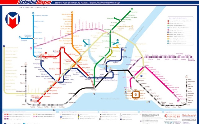 三菱商事はイスタンブール市政府から地下鉄車両126両を受注したと発表。車両の製造はスペインのCAFが行う。画像はイスタンブールの都市鉄道路線図